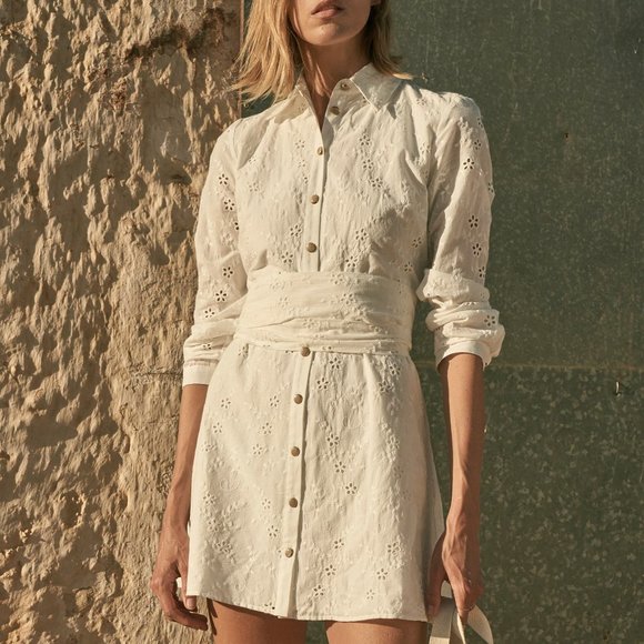 Zara Long Sleeve Openwork Embroidered Tie Waist White Mini Dress Small - Picture 4 of 13